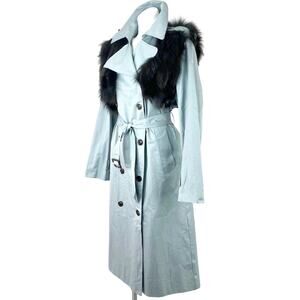 VINTAGE LIGHT BLUE BELTED LONG TRENCH WITH BLACK  FOX FUR MANTLE